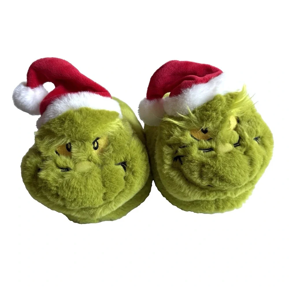 Dr Seuss Grinch Santa Plush Slipper Slip On Shoe Unisex Kids US M 11 12 Xmas Pom